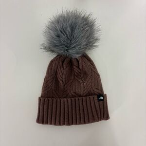The North Face Women's Brown Cable Knit Grey Pom Pom Winter Hat